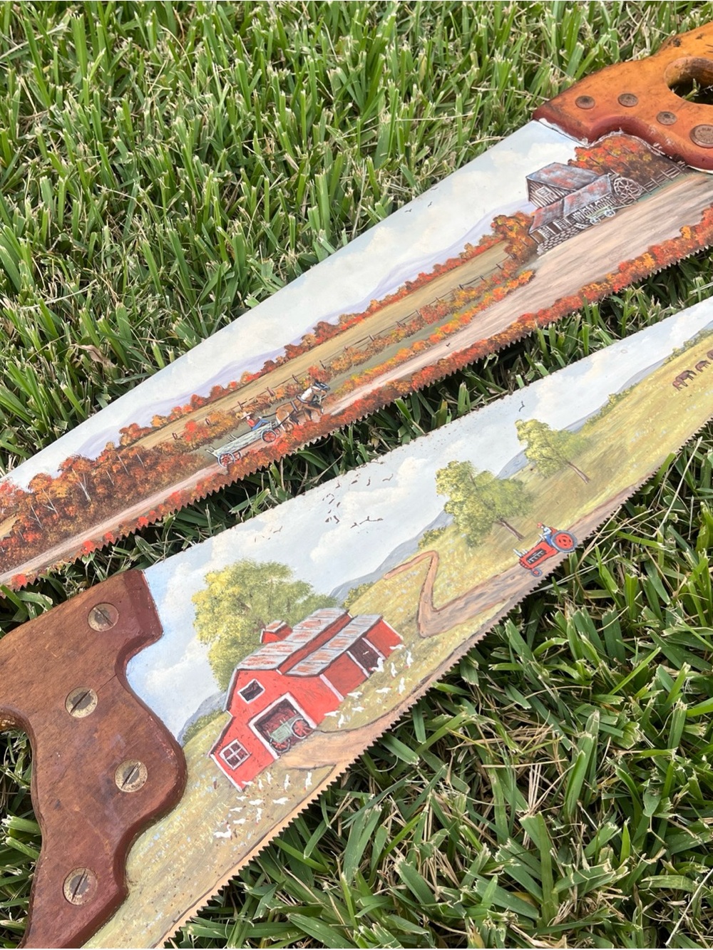 Hand-Painted by M Holmes Red Barn and Rustic Landscape Decorative Saw - Home Art